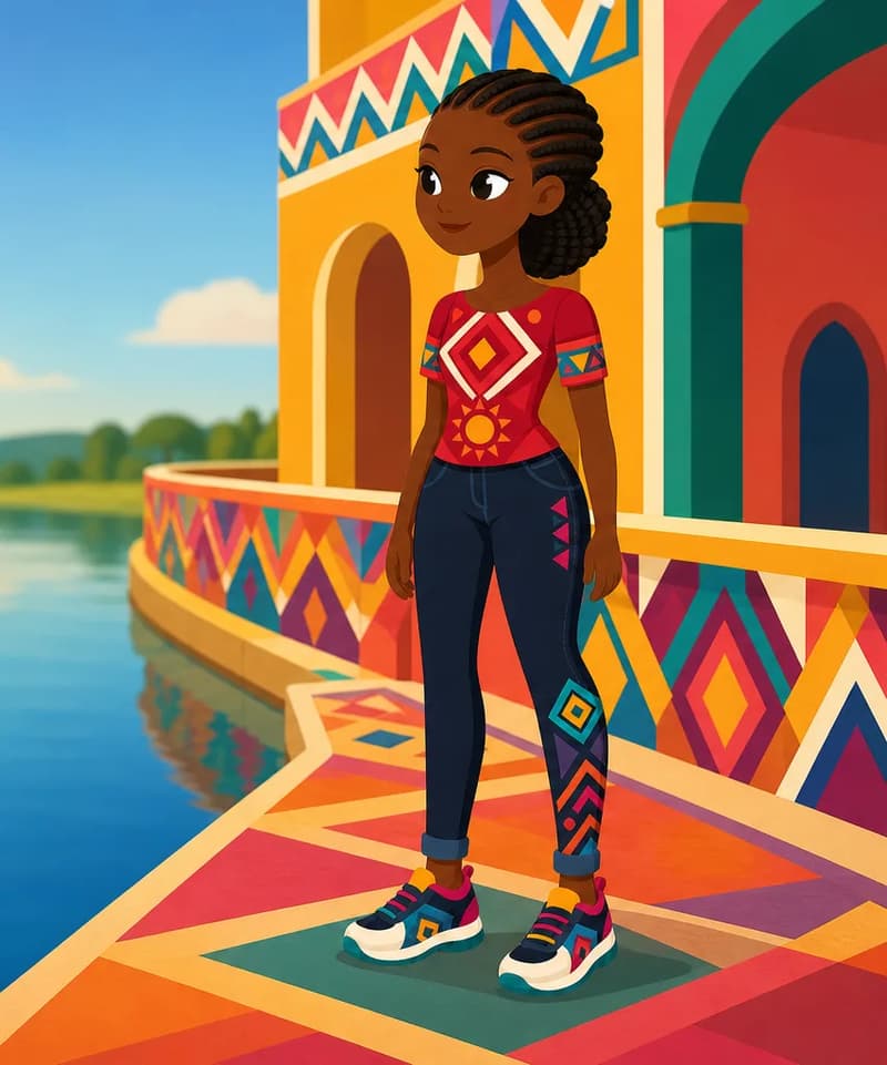 Create a single full-page children's book illustration. Use the attached character reference images and match each named character exactly — same shapes, colors and clothing; do not redesign them. SCENE: Adaeze (match attached reference) stands at the edge of Oguta Lake, gazing across the still water. Behind her are clean painted palace walls with contemporary arches and railings. COMPOSITION: Compose ONE full-bleed scene with a single continuous background that fills the whole image, characters at natural size placed toward the RIGHT. Keep the LEFT 50% text area genuinely open inside a smooth, low-detail gradient blur covering the LEFT 60% of the image. Use only a plain, continuous continuation of the scene background there, with NO characters, objects, props, hanging items, plants, patterns or decorations. Keep all important characters and detailed scene content in the RIGHT 40%, with only a soft natural fade into the blurred left text area. That LEFT 50% text area must be the SAME continuous background color as the scene (not a flat panel, not a different shade, no dividing line). Do NOT shrink or squash the characters. Book text will be overlaid in the LEFT 50% text area. Do not include any written text, letters, numbers, captions, speech bubbles, signs, labels, logos, or watermarks anywhere; the image must be purely illustrative.

[EDITOR_REGEN_REQUIREMENTS]
These editor requirements are mandatory and override any conflicting earlier wording:
- The snake behind the man in the images is incorrect. These need to be redone.
