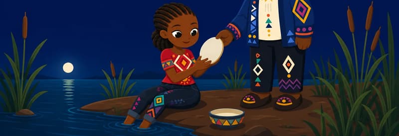 Create a single full-page children's book illustration. Use the attached character reference images and match each named character exactly — same shapes, colors and clothing; do not redesign them. SCENE: Mama Nnaji (match attached reference) presses Ash Disc (match attached reference) into the hand of Adaeze (match attached reference) at the edge of a reed-lined lake at night. Adaeze sits with her feet in the water, focused on the disc, with a small enamel bowl near the bank. COMPOSITION: Compose ONE full-bleed scene with a single continuous background that fills the whole image, characters at natural size placed in the lower part of the frame. Keep the TOP 50% text area genuinely open — plain, continuous background with NO characters, objects, props, hanging items, plants, patterns or decorations in it — while the rest of the scene fills the frame naturally. That TOP 50% text area must be the SAME continuous background color as the scene (not a flat panel, not a different shade, no dividing line). Do NOT shrink or squash the characters. Book text will be overlaid in the TOP 50% text area. Do not include any written text, letters, numbers, captions, speech bubbles, signs, labels, logos, or watermarks anywhere; the image must be purely illustrative.

[EDITOR_REGEN_REQUIREMENTS]
These editor requirements are mandatory and override any conflicting earlier wording:
- The snake behind the man in the images is incorrect. These need to be redone.