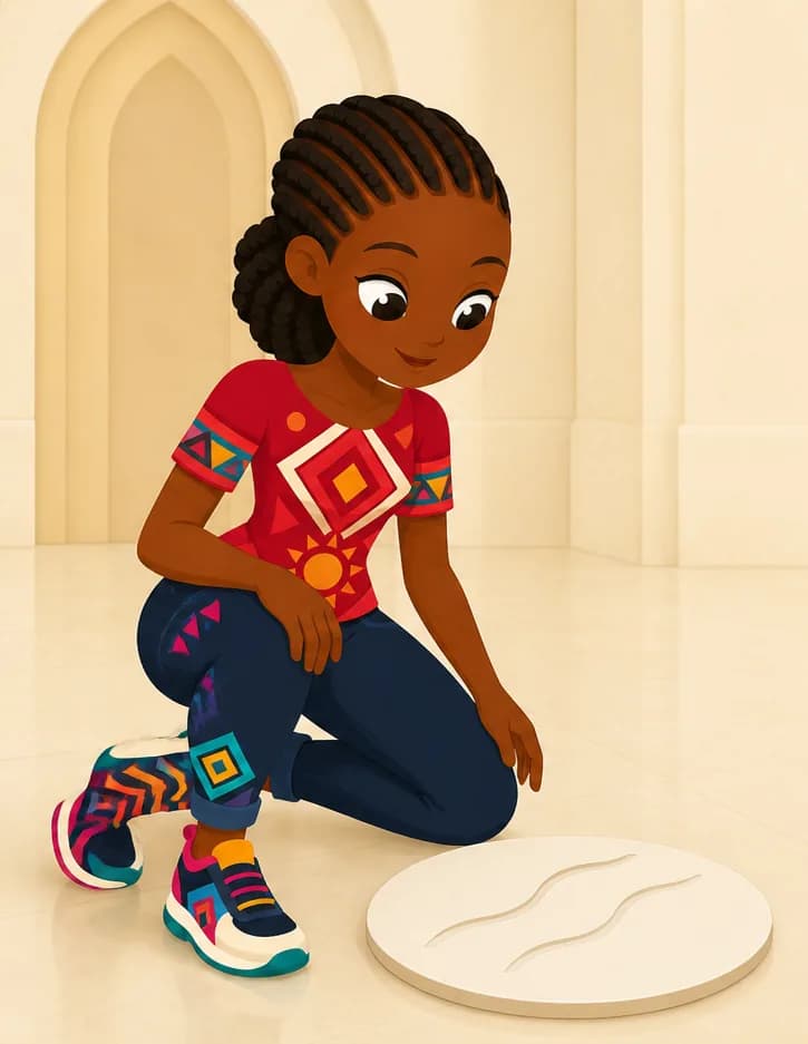 Create a single full-page children's book illustration. Use the attached character reference images and match each named character exactly — same shapes, colors and clothing; do not redesign them. SCENE: Adaeze (match attached reference) kneels alone in a smooth pale palace doorway, examining Ash Disc (match attached reference; two long parallel serpentine tracks pressed into its white surface) on the polished floor. Two long parallel drag-lines cross the ash instead of a footprint. COMPOSITION: Compose ONE full-bleed scene with a single continuous background that fills the whole image, characters at natural size placed toward the LEFT. Keep the RIGHT 50% text area genuinely open — plain, continuous background with NO characters, objects, props, hanging items, plants, patterns or decorations in it — while the rest of the scene fills the frame naturally. That RIGHT 50% text area must be the SAME continuous background color as the scene (not a flat panel, not a different shade, no dividing line). Do NOT shrink or squash the characters. Book text will be overlaid in the RIGHT 50% text area. Do not include any written text, letters, numbers, captions, speech bubbles, signs, labels, logos, or watermarks anywhere; the image must be purely illustrative.

[EDITOR_REGEN_REQUIREMENTS]
These editor requirements are mandatory and override any conflicting earlier wording:
- The snake behind the man in the images is incorrect. These need to be redone.