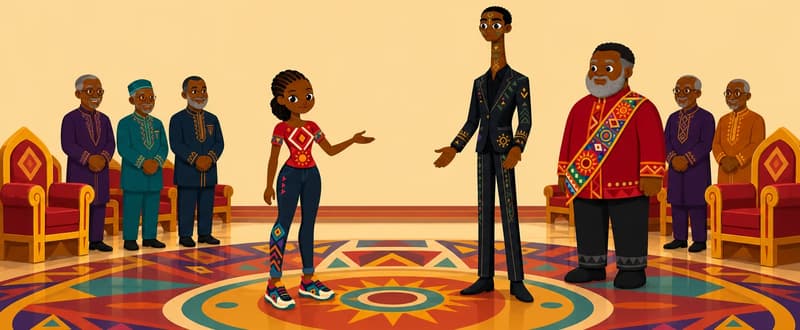 Create a single full-page children's book illustration. Use the attached character reference images and match each named character exactly — same shapes, colors and clothing; do not redesign them. SCENE: Adaeze (match attached reference) stands in the palace morning gathering hall, speaking confidently before the court while The Suitor / The Snake (match attached reference) faces her with open hands and a smile. Elders in present-day formal clothing and polished shoes nod in the background, with a smooth polished floor, upholstered ceremonial seating, and The King (match attached reference) nearby. COMPOSITION: Compose ONE full-bleed scene with a single continuous background that fills the whole image, characters at natural size placed in the lower part of the frame. Keep the TOP 50% text area genuinely open — plain, continuous background with NO characters, objects, props, hanging items, plants, patterns or decorations in it — while the rest of the scene fills the frame naturally. That TOP 50% text area must be the SAME continuous background color as the scene (not a flat panel, not a different shade, no dividing line). Do NOT shrink or squash the characters. Book text will be overlaid in the TOP 50% text area. Do not include any written text, letters, numbers, captions, speech bubbles, signs, labels, logos, or watermarks anywhere; the image must be purely illustrative.

[EDITOR_REGEN_REQUIREMENTS]
These editor requirements are mandatory and override any conflicting earlier wording:
- The snake behind the man in the images is incorrect. These need to be redone.