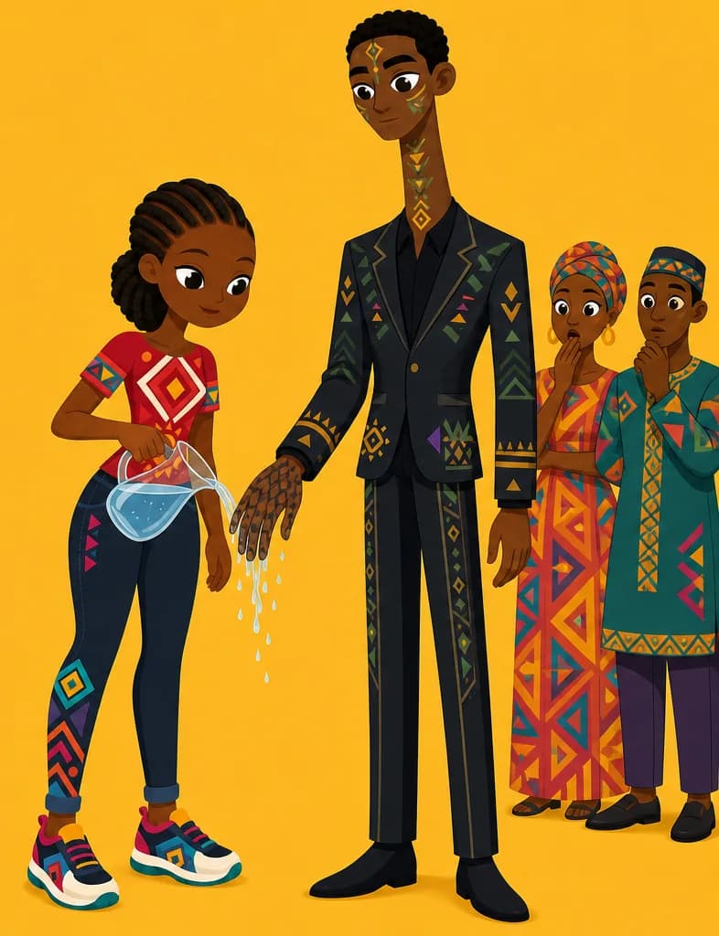 Create a single full-page children's book illustration. Use the attached character reference images and match each named character exactly — same shapes, colors and clothing; do not redesign them. SCENE: Adaeze (match attached reference) pours water from a clear glass pitcher over the hands of The Suitor / The Snake (match attached reference; right hand briefly has thinned, merged fingers and dark diamond-patterned scales) in the gathering hall as his right hand briefly shows merged fingers and dark diamond scales. The surrounding court in contemporary formal clothing freezes in shock. COMPOSITION: Compose ONE full-bleed scene with a single continuous background that fills the whole image, characters at natural size placed toward the RIGHT. Keep the LEFT 50% text area genuinely open — plain, continuous background with NO characters, objects, props, hanging items, plants, patterns or decorations in it — while the rest of the scene fills the frame naturally. That LEFT 50% text area must be the SAME continuous background color as the scene (not a flat panel, not a different shade, no dividing line). Do NOT shrink or squash the characters. Book text will be overlaid in the LEFT 50% text area. Do not include any written text, letters, numbers, captions, speech bubbles, signs, labels, logos, or watermarks anywhere; the image must be purely illustrative.

[EDITOR_REGEN_REQUIREMENTS]
These editor requirements are mandatory and override any conflicting earlier wording:
- The snake behind the man in the images is incorrect. These need to be redone.
