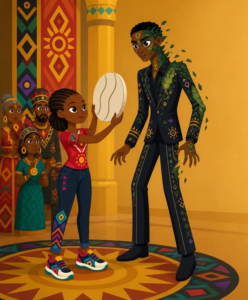 Create a single full-page children's book illustration. Use the attached character reference images and match each named character exactly — same shapes, colors and clothing; do not redesign them. SCENE: Adaeze (match attached reference) stands in the gathering hall holding up Ash Disc (match attached reference; two long parallel serpentine tracks pressed into its white surface), with twin lines visible on its surface. Across from her, The Suitor / The Snake (match attached reference; mid-transformation, growing beyond human height as his human form begins to break away) begins to rise and grow as his smooth mask cracks, while tense court faces watch around the polished floor. COMPOSITION: Compose ONE full-bleed scene with a single continuous background that fills the whole image, characters at natural size placed toward the LEFT. Keep the RIGHT 50% text area genuinely open — plain, continuous background with NO characters, objects, props, hanging items, plants, patterns or decorations in it — while the rest of the scene fills the frame naturally. That RIGHT 50% text area must be the SAME continuous background color as the scene (not a flat panel, not a different shade, no dividing line). Do NOT shrink or squash the characters. Book text will be overlaid in the RIGHT 50% text area. Do not include any written text, letters, numbers, captions, speech bubbles, signs, labels, logos, or watermarks anywhere; the image must be purely illustrative.

[EDITOR_REGEN_REQUIREMENTS]
These editor requirements are mandatory and override any conflicting earlier wording:
- The snake behind the man in the images is incorrect. These need to be redone.