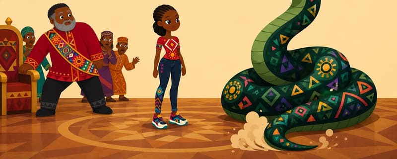 Create a single full-page children's book illustration. Use the attached character reference images and match each named character exactly — same shapes, colors and clothing; do not redesign them. SCENE: Adaeze (match attached reference) stands steady in a gathering hall, facing The Suitor / The Snake (match attached reference; fully transformed into an enormous chest-wide serpent with deep-water-colored scales and luminous yellow eyes) while the court recoils in fear. Its tail sweeps dust across the polished floor as The King (match attached reference) grips the arm of his upholstered ceremonial chair. COMPOSITION: Compose ONE full-bleed scene with a single continuous background that fills the whole image, characters at natural size placed in the lower part of the frame. Keep the TOP 50% text area genuinely open — plain, continuous background with NO characters, objects, props, hanging items, plants, patterns or decorations in it — while the rest of the scene fills the frame naturally. That TOP 50% text area must be the SAME continuous background color as the scene (not a flat panel, not a different shade, no dividing line). Do NOT shrink or squash the characters. Book text will be overlaid in the TOP 50% text area. Do not include any written text, letters, numbers, captions, speech bubbles, signs, labels, logos, or watermarks anywhere; the image must be purely illustrative.

[EDITOR_REGEN_REQUIREMENTS]
These editor requirements are mandatory and override any conflicting earlier wording:
- The snake behind the man in the images is incorrect. These need to be redone.