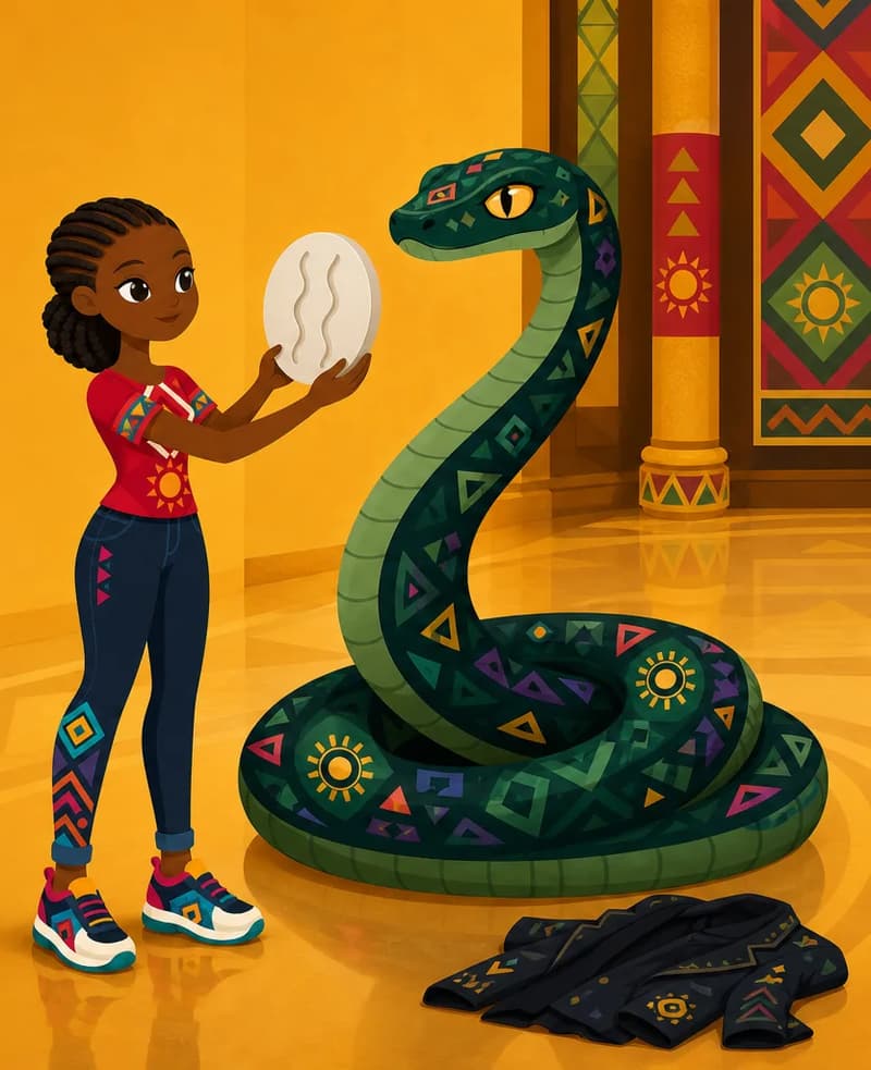 Create a single full-page children's book illustration. Use the attached character reference images and match each named character exactly — same shapes, colors and clothing; do not redesign them. SCENE: Adaeze (match attached reference) stands in the emptied gathering hall, calmly holding up Ash Disc (match attached reference; two long parallel serpentine tracks pressed into its white surface) toward The Suitor / The Snake (match attached reference; fully transformed into an enormous chest-wide serpent with deep-water-colored scales and luminous yellow eyes) as it stares back with ancient eyes. Discarded clothes lie on the polished floor. COMPOSITION: Compose ONE full-bleed scene with a single continuous background that fills the whole image, characters at natural size placed toward the RIGHT. Keep the LEFT 50% text area genuinely open — plain, continuous background with NO characters, objects, props, hanging items, plants, patterns or decorations in it — while the rest of the scene fills the frame naturally. That LEFT 50% text area must be the SAME continuous background color as the scene (not a flat panel, not a different shade, no dividing line). Do NOT shrink or squash the characters. Book text will be overlaid in the LEFT 50% text area. Do not include any written text, letters, numbers, captions, speech bubbles, signs, labels, logos, or watermarks anywhere; the image must be purely illustrative.

[EDITOR_REGEN_REQUIREMENTS]
These editor requirements are mandatory and override any conflicting earlier wording:
- The snake behind the man in the images is incorrect. These need to be redone.