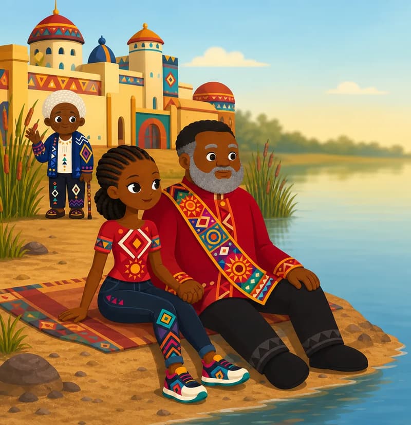 Create a single full-page children's book illustration. Use the attached character reference images and match each named character exactly — same shapes, colors and clothing; do not redesign them. SCENE: Adaeze (match attached reference) and The King (match attached reference) sit side by side holding hands beside a still lake, looking out at the water. In the distance, Mama Nnaji (match attached reference) nods among reeds near the contemporary palace compound. COMPOSITION: Compose ONE full-bleed scene with a single continuous background that fills the whole image, characters at natural size placed toward the LEFT. Keep the RIGHT 50% text area genuinely open inside a smooth, low-detail gradient blur covering the RIGHT 60% of the image. Use only a plain, continuous continuation of the scene background there, with NO characters, objects, props, hanging items, plants, patterns or decorations. Keep all important characters and detailed scene content in the LEFT 40%, with only a soft natural fade into the blurred right text area. That RIGHT 50% text area must be the SAME continuous background color as the scene (not a flat panel, not a different shade, no dividing line). Do NOT shrink or squash the characters. Book text will be overlaid in the RIGHT 50% text area. Do not include any written text, letters, numbers, captions, speech bubbles, signs, labels, logos, or watermarks anywhere; the image must be purely illustrative.

[EDITOR_REGEN_REQUIREMENTS]
These editor requirements are mandatory and override any conflicting earlier wording:
- The snake behind the man in the images is incorrect. These need to be redone.