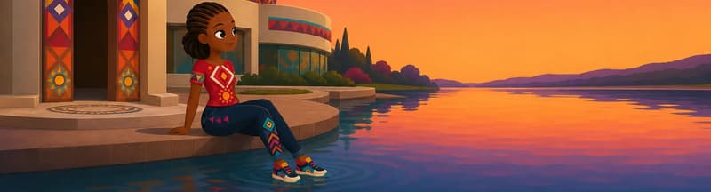 Create a single full-page children's book illustration. Use the attached character reference images and match each named character exactly — same shapes, colors and clothing; do not redesign them. SCENE: Adaeze (match attached reference) sits at the edge of Oguta Lake with her feet in the water, looking at the colorful evening sky reflected on the lake. The contemporary palace is behind her, with a faint ash circle at the smooth polished-concrete doorway. COMPOSITION: Compose ONE full-bleed scene with a single continuous background that fills the whole image, characters at natural size placed in the lower part of the frame. Keep the TOP 50% text area genuinely open — plain, continuous background with NO characters, objects, props, hanging items, plants, patterns or decorations in it — while the rest of the scene fills the frame naturally. That TOP 50% text area must be the SAME continuous background color as the scene (not a flat panel, not a different shade, no dividing line). Do NOT shrink or squash the characters. Book text will be overlaid in the TOP 50% text area. Do not include any written text, letters, numbers, captions, speech bubbles, signs, labels, logos, or watermarks anywhere; the image must be purely illustrative.

[EDITOR_REGEN_REQUIREMENTS]
These editor requirements are mandatory and override any conflicting earlier wording:
- The snake behind the man in the images is incorrect. These need to be redone.