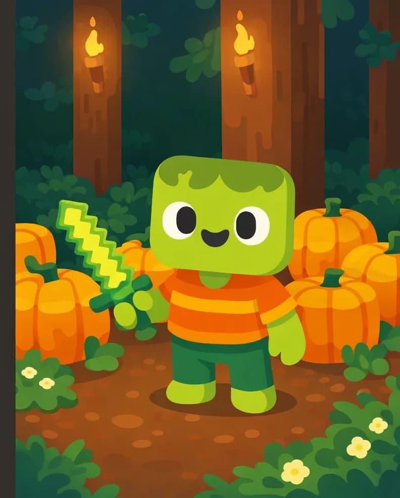 On the right side of the image, Zom stands among a patch of large pumpkins in an outdoor wooded backyard setting, looking directly at the viewer with a calm, attentive expression. He is surrounded by several bright orange pumpkins growing on the ground between tall trees, with torches providing warm lighting in the dim, shaded environment. The left side of the image is a plain dark overlay area clear of characters or detail.