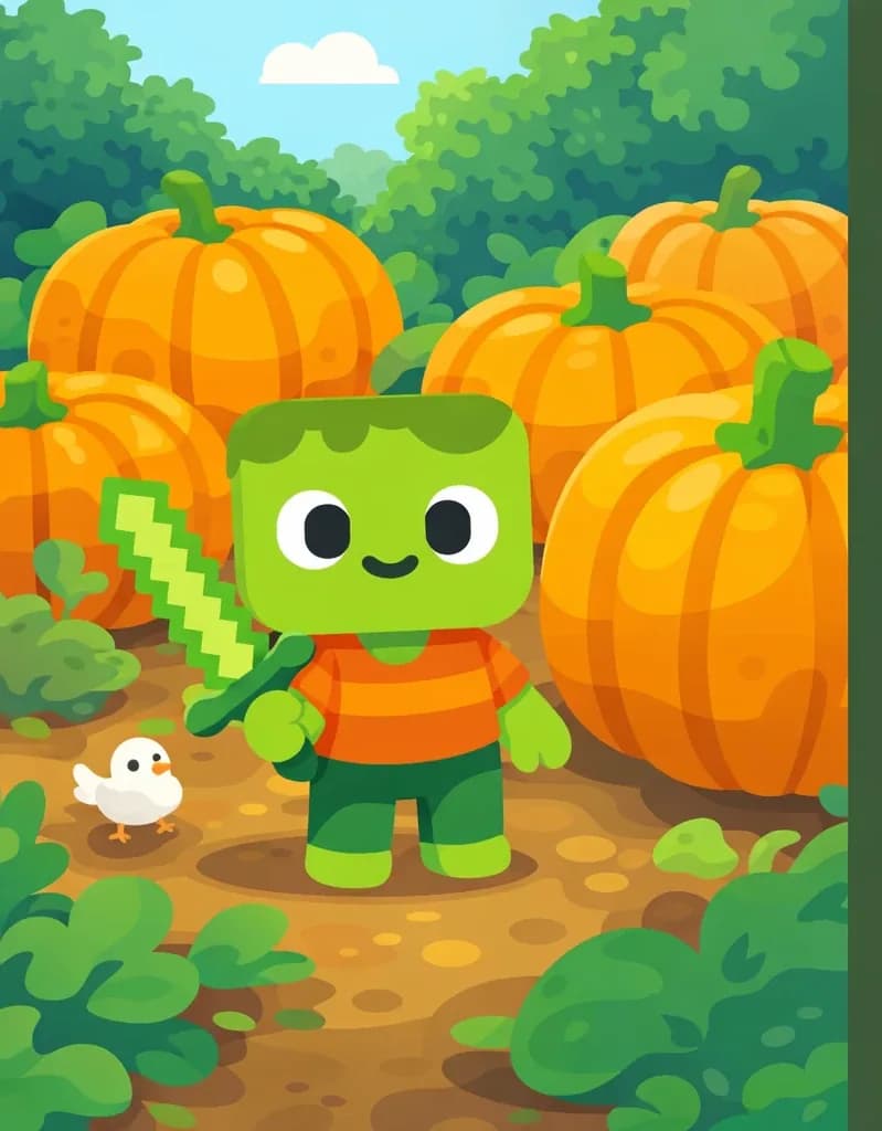 On the left side of the image, Zom stands among several large pumpkins in an outdoor pumpkin patch, looking pleased and determined. The pumpkins are oversized, sitting on earthy ground with green foliage and trees in the background, suggesting a sunny daytime garden setting. Zom appears small relative to the big pumpkins, reinforcing how successfully large they have grown. A small white bird is visible near the center-left of the scene, sitting on the ground among the pumpkins. The right side of the image is dominated by a large dark surface, leaving space for text overlay.