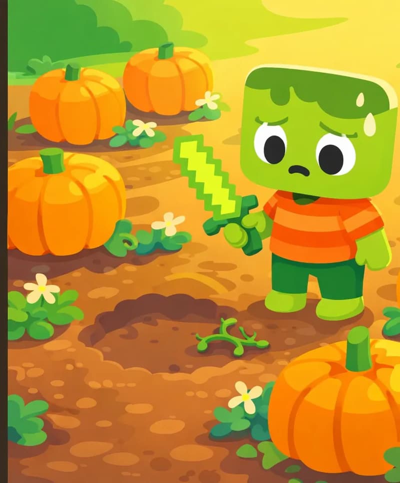 On the right side of the image, Zom stands at the edge of his pumpkin patch, looking down at a conspicuously empty spot with a worried, suspicious expression. The patch is shown from a slightly elevated angle, with several large orange pumpkins scattered across brown earth among small plants and white flowers. One spot in the patch is clearly empty where a pumpkin has been plucked from its vine, with a bare patch of dirt and a snapped vine visible. The scene is set outdoors in morning light. The left side is a dark, plain background area suitable for text overlay.