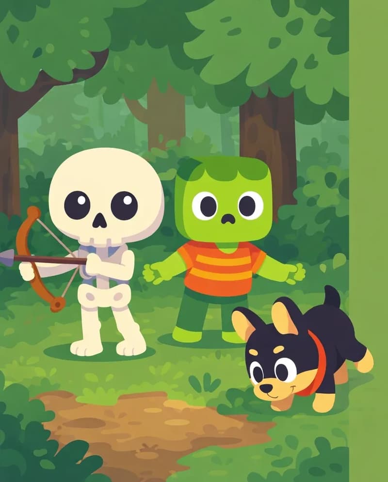 On the left side of the image, Skel stands upright with a focused, determined expression, looking outward as if scanning the ground for clues, while Zom stands beside him with arms slightly extended, appearing puzzled. Bones trots nearby on all fours, sniffing at the ground between the trees. They are in a wooded outdoor area with trees and green foliage overhead, and the ground is grassy with patches of dirt — the scene has a slightly dim, mysterious atmosphere filtered through the tree canopy. The right ~40% of the image is occupied by a large green leafy foreground element, leaving clear space for text overlay.