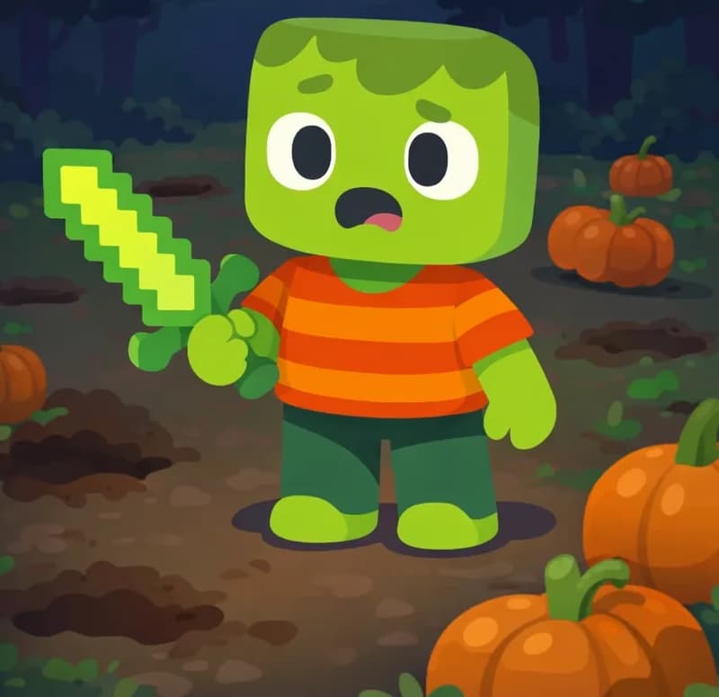 On the right side of the image, Zom stands in an outdoor pumpkin patch area with trees in the background, looking confused and frustrated with a slightly open mouth. He appears to be standing among the patch, surveying the empty ground where pumpkins have gone missing, with only a few scattered pumpkins remaining. The left side of the image is a plain dark/shadowy background clear of detail. The scene has dim, overcast lighting suggesting early morning.