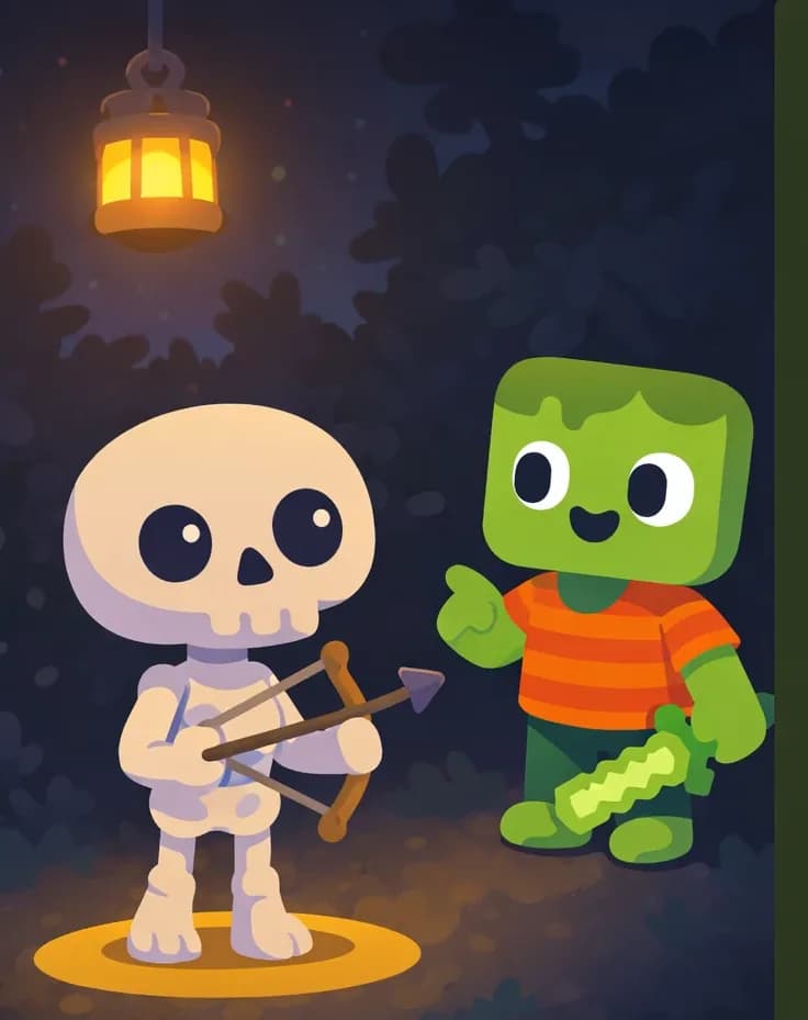 On the left side of the image, Skel stands facing the viewer with a neutral expression, while Zom stands slightly behind and to the right, looking toward Skel as if mid-conversation. Both characters are positioned in a dark nighttime setting, with a glowing lantern hanging above them on the left, casting warm orange light. The background is shadowy and atmospheric, suggesting an outdoor garden or yard at night. The right ~40% of the image is occupied by a large dark-green text overlay area, mostly plain background.