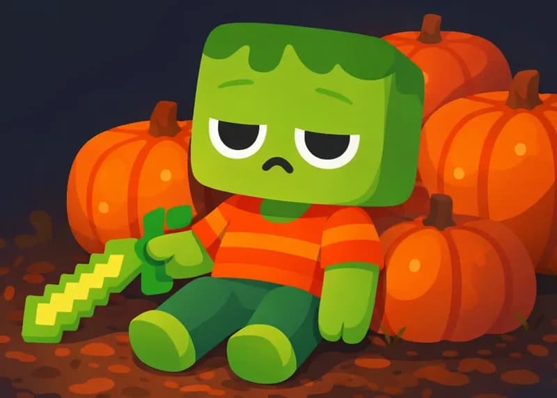 On the right side of the image, Zom is sitting on the ground in a pumpkin patch at nighttime, slumped forward with a drowsy, half-asleep expression as he struggles to stay awake. Several large pumpkins surround him on the dark, leaf-covered ground. The left side of the image is open dark nighttime sky and shadowy background, providing clear space for text overlay. The scene is dimly lit with warm tones from the pumpkins contrasting against the dark night.