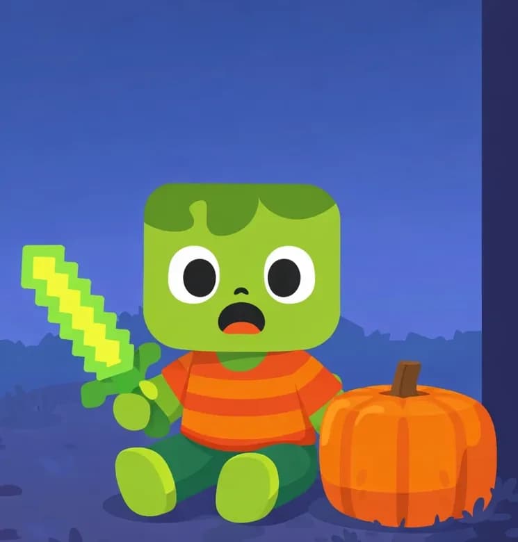 On the left side of the image, Zom is sitting on the ground in the pumpkin patch at dawn, having just woken from a nap, looking shocked and dismayed with wide eyes and an open mouth. A single large pumpkin sits beside him — the only one remaining in the entire patch. The surrounding ground is conspicuously bare and empty where the other pumpkins used to be. The right ~40% of the image is plain dark background reserved for text overlay. The early morning light casts a cool, muted tone over the scene.