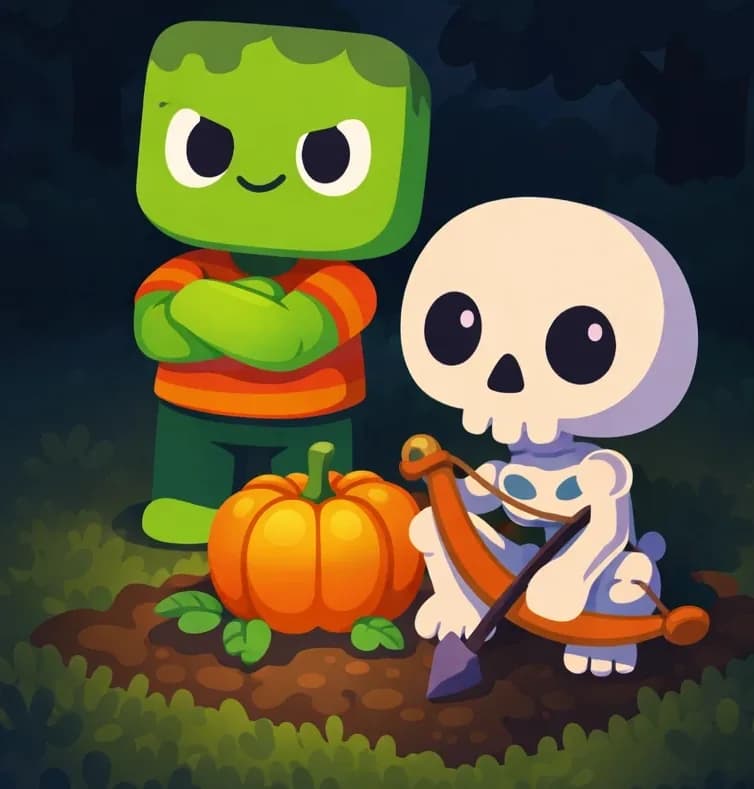 On the right side of the image, Skel sits on the ground beside a single pumpkin growing in tilled soil, looking attentively at it with a watchful, determined expression, as if standing guard over the last remaining crop. Zom stands nearby behind Skel, looking resolute with arms crossed, reinforcing that they are taking turns guarding together. The scene is set outdoors at dusk with dark, moody lighting, with trees visible in the background. The left side of the image is plain dark background reserved for text.