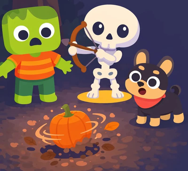 On the left side of the image, Zom stands on a dark path looking shocked with arms slightly out, staring at a pumpkin that is spinning and wobbling in the dirt, kicking up soil and leaves around it. Skel stands just behind and to the right of Zom, also looking astonished at the spinning pumpkin. Bones stands nearby on all fours, alert and barking at the commotion. The scene is set outdoors at nighttime in a dimly lit yard with a large tree trunk visible in the background and dark, moody lighting.