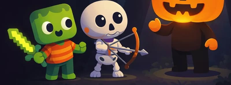 On the right side of the image, Jack stands in a dark, spooky nighttime forest, illuminated by a beam of moonlight from above. Jack has a glowing jack-o'-lantern head with a carved jagged mouth and dark triangular eyes, a green stem and leaf on top, with a dark brown body and orange mitten-like hands. Zom and Skel stand to the left of Jack, staring at him with wide-eyed amazement and surprise. The scene is very dark with shadowy trees in the background, creating an eerie atmosphere. The left side of the image is mostly dark open space suitable for text overlay.