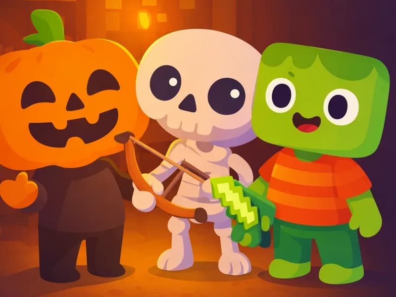 On the left side of the image, Jack stands with his glowing jack-o'-lantern head displaying a wide, cheerful grin, facing the viewer. Beside him, Skel leans in close with a happy expression. Zom stands on the other side of Jack, looking delighted but with a hint of curiosity on his face, as if still wondering about the other pumpkins. The three are grouped together in a warm indoor setting — the interior of the farmhouse at nighttime, with the warm orange glow from Jack's head casting light on the scene. The right side of the image is open dark background for text overlay.