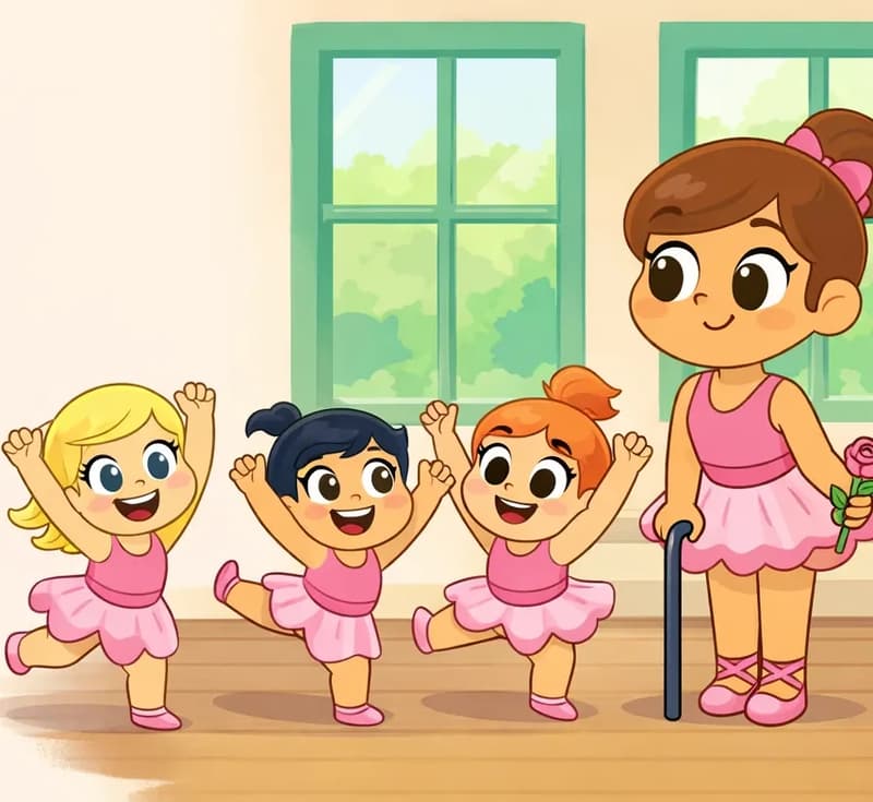 On the right side of the image, The Ballerina stands on a wooden dance studio floor, leaning on a walking cane with a gentle, warm smile as she watches three young girls dancing joyfully beside her. The children have their arms raised and are mid-movement, grinning and laughing with excitement. Behind them, large green-paned studio windows let in soft daylight, with hints of greenery visible outside.