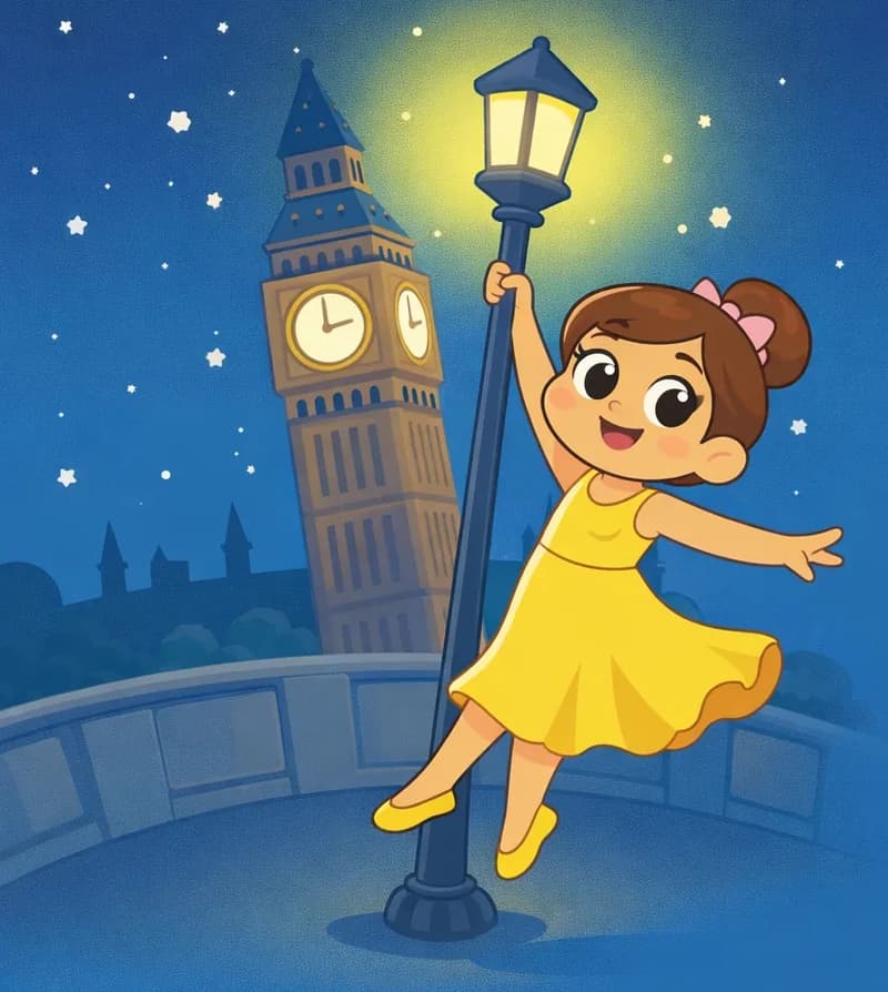 On the left side of the image, The Ballerina is posed gracefully on one foot, swinging around a glowing street lamp post with one arm reaching up to grasp it and the other extended elegantly outward. She has a joyful, confident smile. The scene is set outdoors at nighttime in a city, with a starry dark teal sky, a prominent clock tower, and a bridge visible behind her. The street lamp casts a warm glow above her.