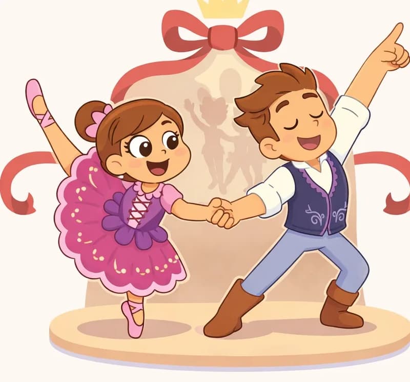 On the right side of the image, The Ballerina and The Male Dance Partner perform a ballet pas de deux on a small stage platform. The Ballerina is up on pointe with one leg extended gracefully behind her, smiling joyfully as she holds hands with The Male Dance Partner. The Male Dance Partner is in a wide lunging pose with one arm extended upward, eyes closed and smiling confidently. Behind them, a large decorative red ribbon frames a backdrop showing silhouetted figures, topped with a small golden crown. The left side of the image is plain white background.