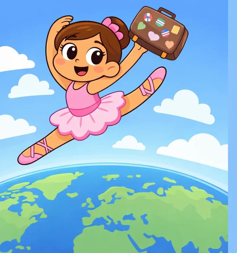 On the left side of the image, The Ballerina leaps joyfully through the sky above a curved view of the Earth, performing a grand jeté with legs extended wide. She is smiling with a determined, excited expression, holding a travel suitcase covered in colorful stickers high above her head with one hand. The scene is set outdoors against a bright blue sky with soft white clouds, the green and blue globe visible below her, conveying a sense of adventure and world travel.