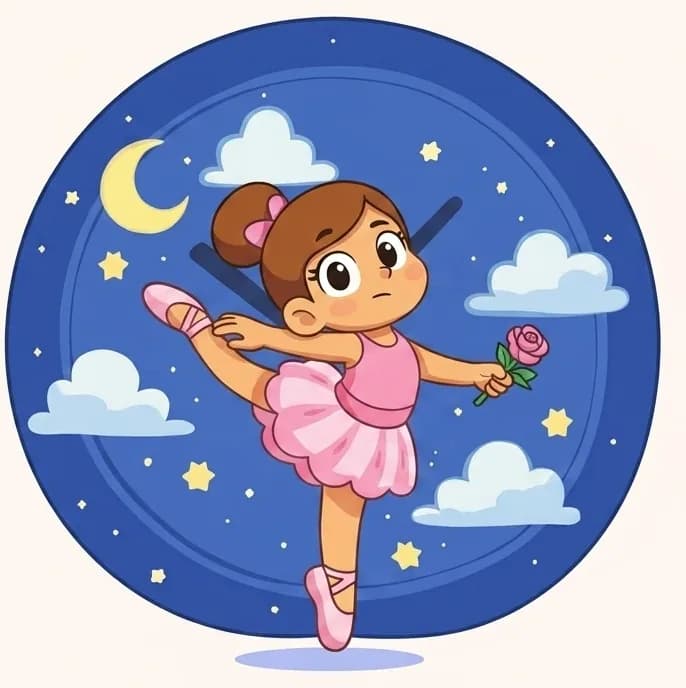 On the right side of the image, The Ballerina strikes a determined arabesque pose with one leg extended high behind her and one arm reaching upward, her expression focused and resolute. She is positioned in front of a large clock face set against a dreamy blue night sky with clouds, stars, and a crescent moon — symbolizing her tireless dedication through the hours. The left side of the image is plain white background.