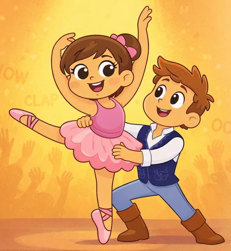 On the left side of the image, The Ballerina and The Male Dance Partner perform a dramatic ballet pas de deux on stage. The Ballerina stands on pointe with one arm raised gracefully overhead, smiling joyfully, while The Male Dance Partner supports her from behind in a dynamic lunge, gazing at her admiringly. In the background, silhouetted hands of an audience reach upward amid "CLAP" and "WOW" and "OOH" text, all bathed in warm golden stage lighting.