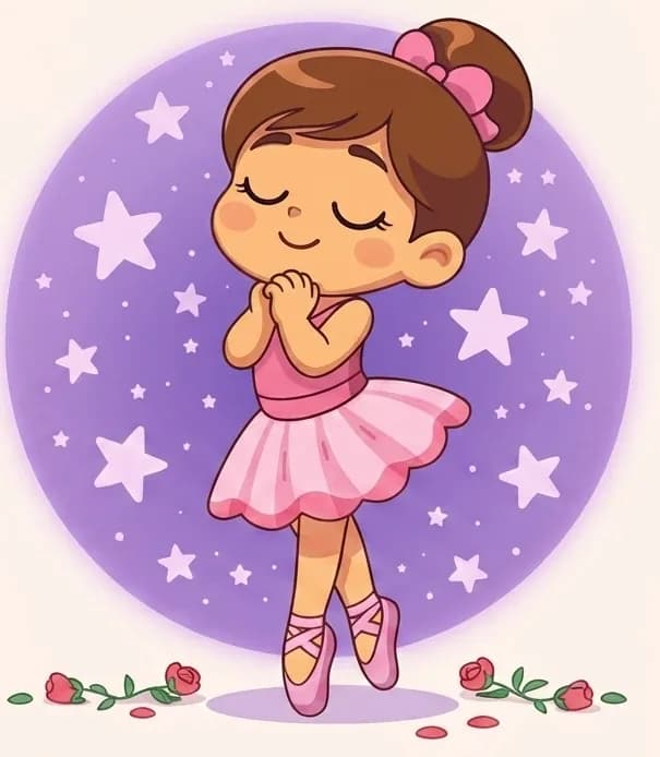 On the right side of the image, The Ballerina stands en pointe with her hands clasped together near her chin, eyes closed and smiling dreamily, as if imagining her future glory. She wears a pink leotard and tutu with pink pointe shoes, her brown hair swept into a bun tied with a pink bow. She is framed by a glowing purple spotlight circle filled with white and lavender stars. Small red roses with green stems and a few scattered petals lie along the ground at her feet, as though tossed by an adoring audience. The left side of the image is a plain pale cream background, left empty.