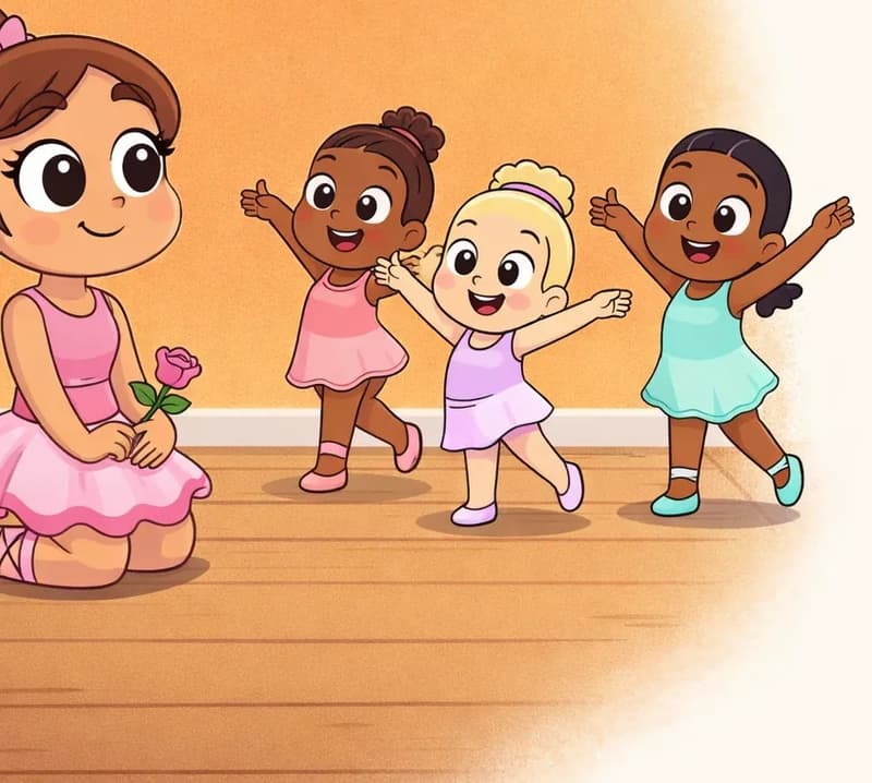 On the left side of the image, The Ballerina kneels on a wooden dance studio floor, smiling warmly as she watches three young children practicing ballet. The children are joyfully striking dance poses with arms outstretched, beaming with excitement. The scene is set indoors against a warm orange-toned backdrop, conveying the fulfillment of The Ballerina's dream of opening her own ballet school. The right side of the image is plain white background.