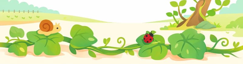 In the lower half of the image, a large leafy vine stretches across the ground from left to right, with broad green leaves and curling tendrils. A small snail sits atop one of the leaves on the left, and a ladybug rests on another leaf near the center. On the right side, a separate vine climbs upward along a twisted branch with smaller green leaves. The scene is set outdoors on a bright day, with a soft watercolor background showing a fenced yard and distant hills in the upper left. The top half of the image is mostly open sky and light background.