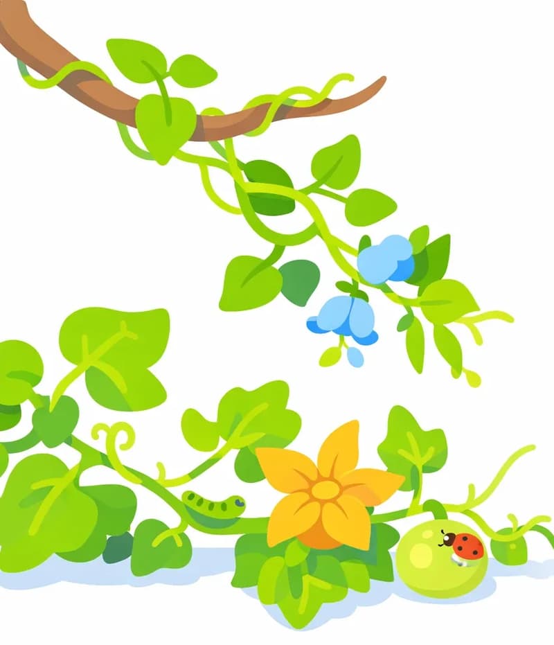 On the left side of the image, lush green vines wind along a tree branch at the top and sprawl across the bottom, featuring delicate blue flowers hanging from the upper vine and a large golden-yellow squash blossom on the lower vine alongside a small green fruit. A green caterpillar crawls along the lower vine's stem, and a tiny red ladybug perches on the small fruit. The right side of the image is plain white background, open for text.