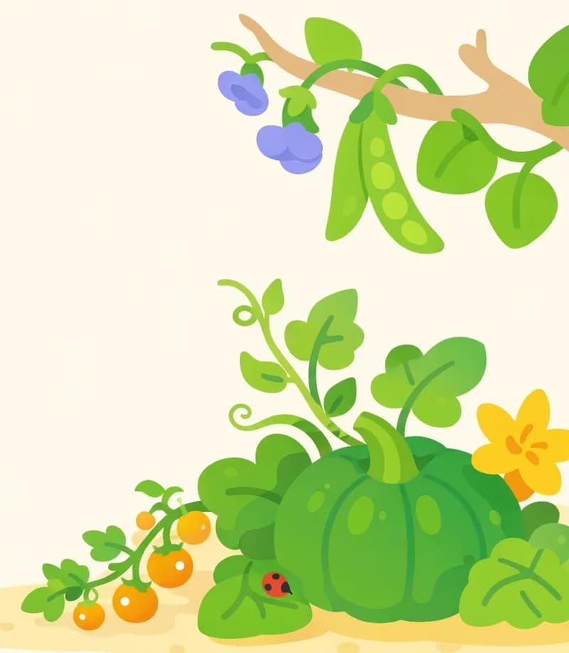 On the right side of the image, a large green squash or pumpkin sits on the ground surrounded by broad leaves and curling vines, with a bright yellow flower blooming nearby and a small ladybug resting on a leaf. Above it, a vine with green bean pods and delicate blue-purple flowers wraps along a branch. In the lower left, a vine bearing small golden-orange fruit (resembling cherry tomatoes or ground cherries) trails along the sandy ground, with leafy green bamboo-like foliage framing the upper left corner. The scene is a bright, sunlit outdoor garden setting with a soft pale sky.
