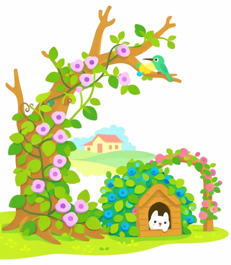 On the left side of the image, a large tree trunk is heavily wrapped in flowering vines with pink-purple blossoms and broad green leaves, with a small house visible in the background on a grassy hill. A small hummingbird is perched on a branch near the top of the vine-covered tree. In the lower-center area, a wooden garden arch and small structure (resembling a doghouse or garden shed) are almost completely overtaken by dense green vines bearing blue berries, with a flowering pink vine climbing over the arch beside it. A small animal (possibly a cat or rabbit) peeks out from inside the vine-covered structure. The scene is set outdoors on a bright, sunny day with a plain white background occupying the right portion of the image.