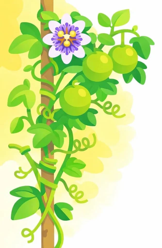 On the left side of the image, a lush passionflower vine climbs upward in a watercolor botanical illustration style. The vine features bright green stems with distinctive spiral tendrils (curls) that coil tightly around supporting stems and stakes, clearly showing how they grip and cling. Round green fruits and broad green leaves fill the upper-left corner, while a single purple-and-white passionflower blooms near the top left. The right side of the image is plain white background, open for text. The scene is set outdoors in bright, natural daylight with a warm yellowish wash behind the plant.
