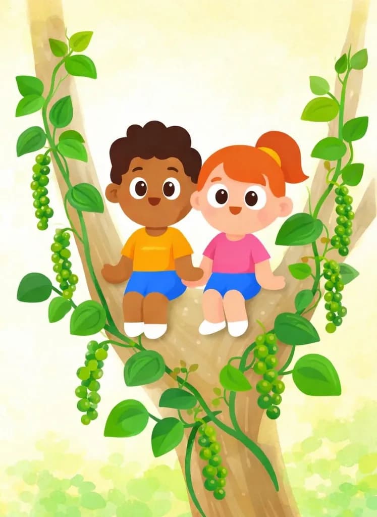 On the right side of the image, a watercolor illustration shows a tree fork where green leafy vines have split and grown in two directions, climbing up both branches. The vines are lush with broad heart-shaped leaves and dangling clusters of small green berries. Two children sit side by side in the fork of the tree: a boy with dark brown skin and short curly dark hair, wearing an orange t-shirt, blue shorts, and white shoes, and a girl with light skin and orange hair in a ponytail, wearing a pink t-shirt, blue shorts, and white shoes. The left side of the image is a plain warm yellow-cream watercolor wash, left open for text. The scene is an outdoor daytime setting with a soft, bright background and hints of green foliage along the bottom edge, rendered in a delicate botanical illustration style.