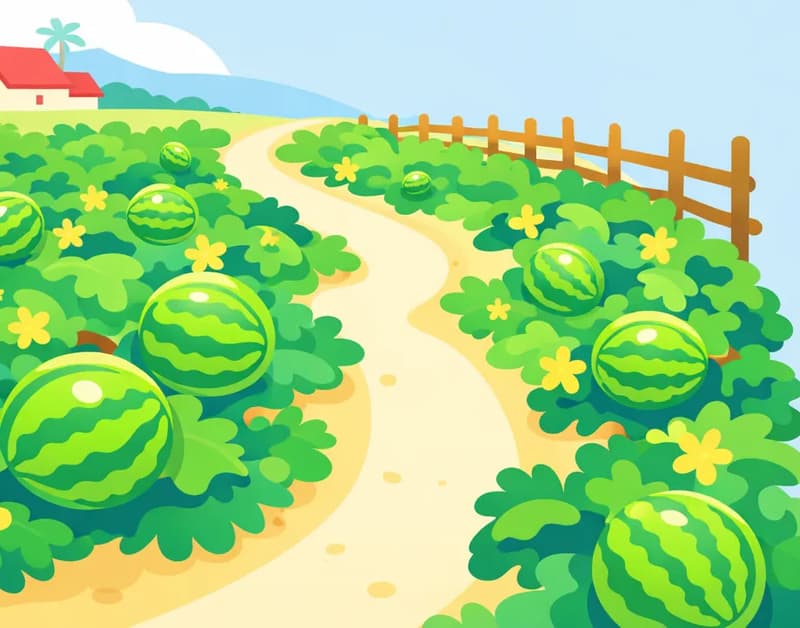 On the left side of the image, sprawling watermelon vines cover the ground on both sides of a dirt path that cuts through an American farm field. Large round watermelons sit among broad green leaves, with a rustic wooden fence running along the right edge of the field. In the background on the far left, a small farmhouse with a red roof is visible under a bright, sunny sky. The right portion of the image is open, plain sky suitable for text overlay.