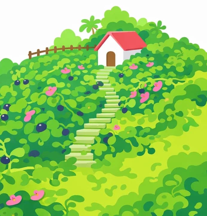 A lush, overgrown outdoor landscape painted in watercolor style, with thick, wild vines bearing pink flowers and dark berries sprawling across the bottom and left of the scene. On the right side, a small house with a peaked roof sits on a hillside behind a wooden fence, with stone steps leading up to it — the surrounding yard and trees are being overtaken by dense, tangled greenery. The scene is set in bright daylight with a white sky, conveying how invasive vines have spread across the entire rolling hillside.