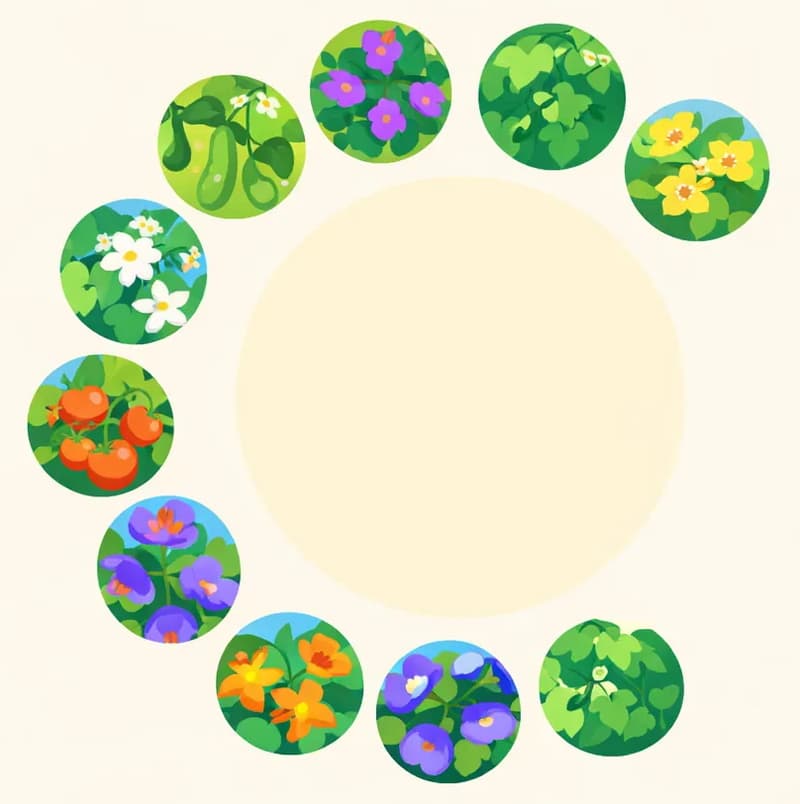On the left side of the image, circular photo thumbnails are arranged in a curved arc, each showing a different type of vine or climbing plant — including cucumbers, flowering vines, leafy green creepers, and other garden varieties. The thumbnails form a partial wreath pattern against a soft cream background, with a large pale circle in the center left. The right side of the image is plain cream-colored background, clear for text overlay.