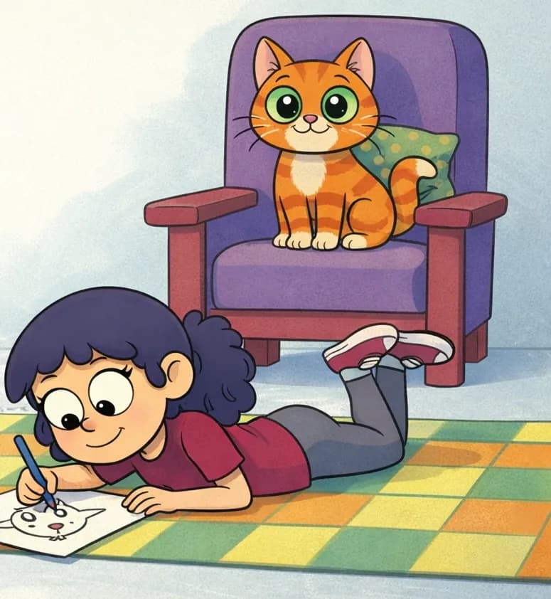 On the right side of the image, The Cat sits perched on a purple armchair with a green polka-dot cushion, gazing forward with a calm, self-assured expression. In front of the chair, the girl (shoulder-length dark navy-blue wavy hair, maroon t-shirt, gray pants) lies on her stomach on a colorful plaid rug, drawing a picture of a cat on a sheet of paper with a focused expression. The scene is set indoors in a cozy living room with a soft blue-gray background. Only one of the three kids is visible in this illustration.