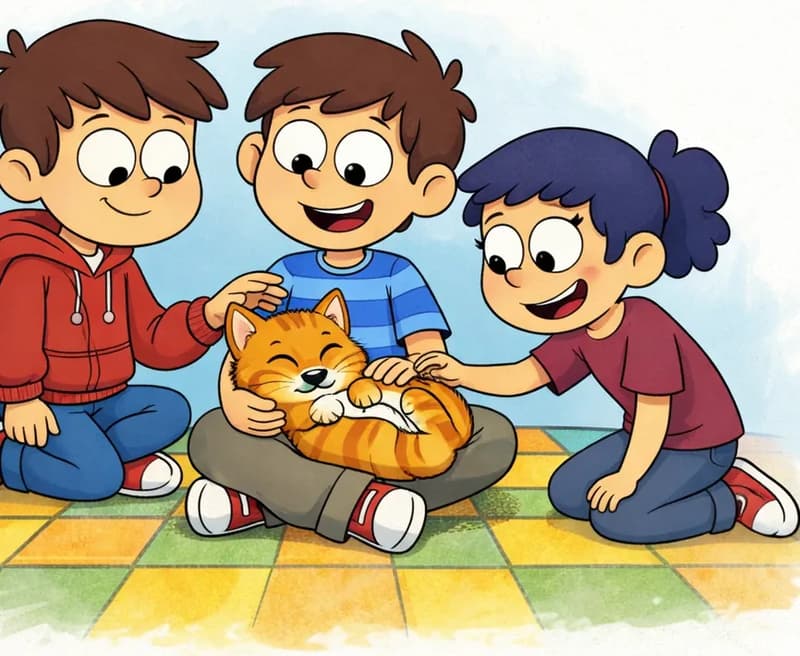 On the left side of the image, three kids are sitting and kneeling on a colorful checkered floor in yellow, green, and orange tiles. One of the kids, a boy with brown hair in a blue striped shirt, sits cross-legged in the center, smiling happily while holding The Cat in their lap. The Cat, an orange tabby, is curled up contentedly on the kid's lap with eyes closed, looking relaxed and happy. A second kid, a boy in a red hoodie and jeans, kneels on the left beside them, leaning in with a smile and reaching out to pet The Cat's head. A third kid, a girl with a dark blue ponytail wearing a maroon shirt, kneels on the left side beside them, smiling and also reaching over to pat The Cat. The right ~40% of the image is plain white background. The scene is indoors with a soft blue wash suggesting a cozy living room setting.
