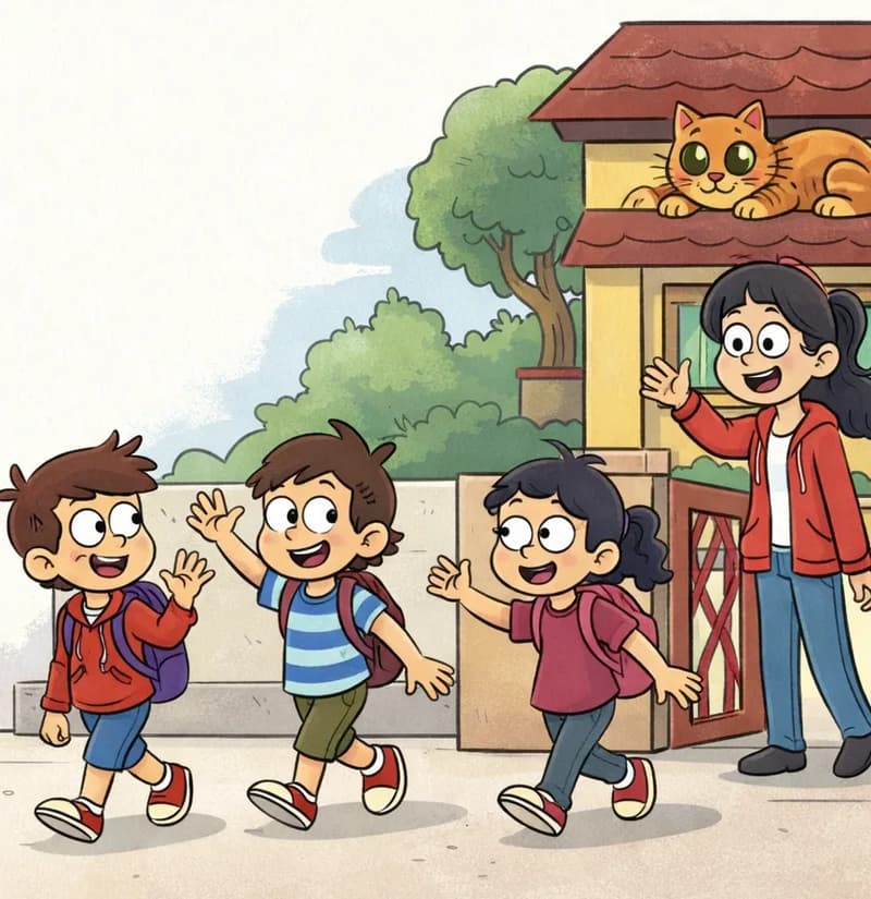 On the right side of the image, Mom stands smiling at an open front gate of a suburban house, waving goodbye to the kids as they head off to school. The kids are walking away from the house with backpacks — one boy waves back cheerfully while another boy and the girl walk ahead with arms outstretched in excited motion. The Cat is lounging contentedly on a ledge or windowsill above the front porch of the house, watching the scene below. The setting is outdoors on a bright daytime morning, with trees and greenery visible behind the house. The left side of the image is plain white background, leaving space for text.