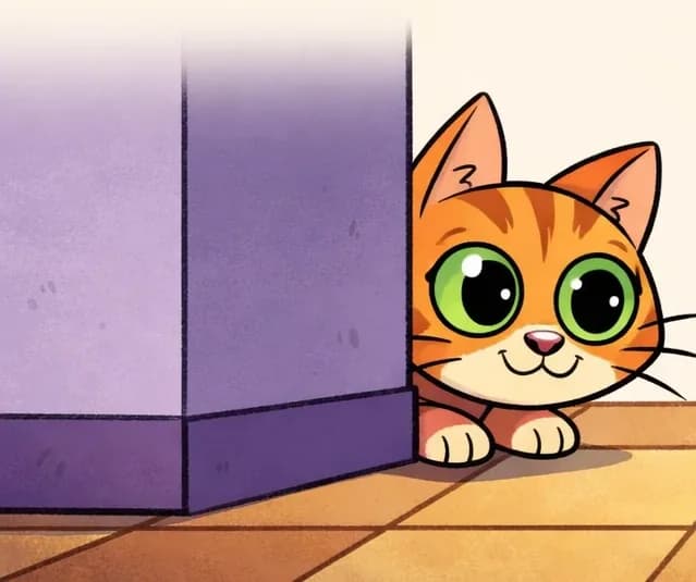 In the lower half of the image, The Cat peeks around a purple wall corner at floor level on the left side, in a low crouch with a focused, determined expression and wide green eyes, watching a small gray mouse on the right. The mouse is scurrying across a tiled kitchen floor carrying crumbs in its mouth. The scene is set indoors on warm-toned tile flooring with a pale wall behind.