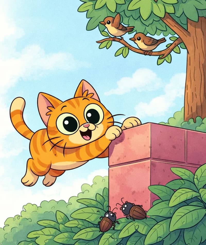 On the right side of the image, The Cat is mid-leap with front paws stretched forward, wrapping its claws around the edge of a pink/red low wall, with a playful, focused expression and bright green eyes. Wriggling beetles peek out from under leaves at the base of the wall, and small wrens hop along tree branches above. The scene is set in a sunny backyard with lush green bushes along the bottom, a tree trunk and leaves visible in the upper right corner, and a clear blue sky with soft clouds. The left side of the image is open sky and white space, free of characters or detail.