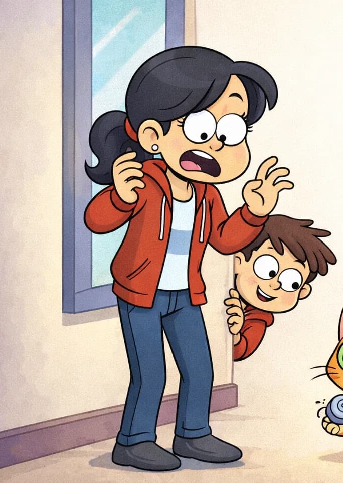 On the left side of the image, Mom stands with a shocked, disgusted expression, her hands raised in alarm as she looks down at The Cat, who sits calmly on the floor near the window holding a snail in its paws with a proud, unbothered expression. One of the kids peeks out from behind Mom, looking on with a curious, amused smile trying not to laugh. The scene is set indoors near a window, with soft natural light coming in. The right ~40% of the image is plain white background.