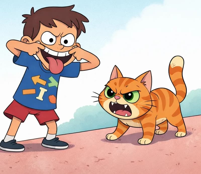 On the right side of the image, Naughty Neighbor Boy stands in a taunting pose, pulling the corners of his mouth wide with his fingers and sticking his tongue out mockingly. Beside him on the far right, The Cat faces him with a fierce, angry expression — mouth open in a growl, showing teeth, standing in a tense, confrontational stance. The scene is set outdoors on a pink-toned sidewalk or path with a soft blue sky behind them. The left side of the image is open, plain background.