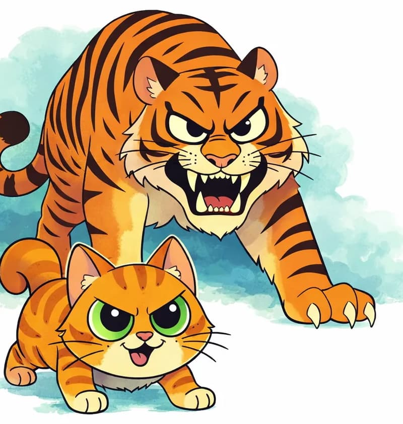 On the left side of the image, The Cat stands in the foreground with a determined, slightly mischievous expression, looking directly at the viewer. Behind The Cat looms a large tiger — representing The Cat's fantasy of growing big — standing in the same pose with a fierce expression, sharp claws extended and fangs bared, set against a soft blue-green watercolor cloud. The right ~40% of the image is plain white background.
