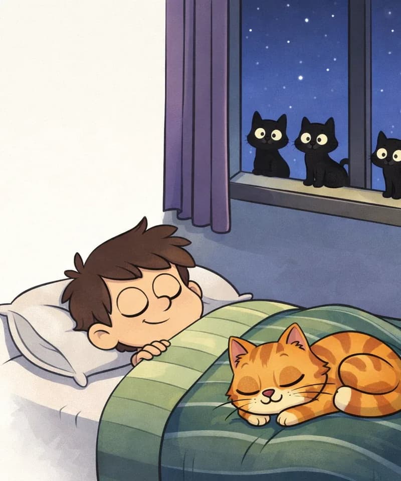 On the right side of the image, The Cat is curled up contentedly at the foot of a bed, eyes half-closed and purring peacefully. One of the kids is lying in bed under a green-striped blanket, asleep with a calm expression. The scene is set indoors at nighttime in a cozy bedroom, with a window on the far right showing a dark blue night sky and purple curtains partially drawn. Through the window, three cats are visible sitting on the outside windowsill, peering in through the glass with curious expressions.
