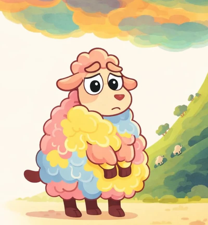 On the right side of the image, Rose stands facing the viewer with a worried, downcast expression, looking large and heavily woolly, her fleece in pastel patches of pink, yellow, and blue. In the background on the far right, a green hillside slopes upward with small trees and small silhouettes of other sheep grazing on it. Colorful clouds in warm oranges, teals, and golds billow across the upper right of the scene, and the left side remains open, pale cream sky.