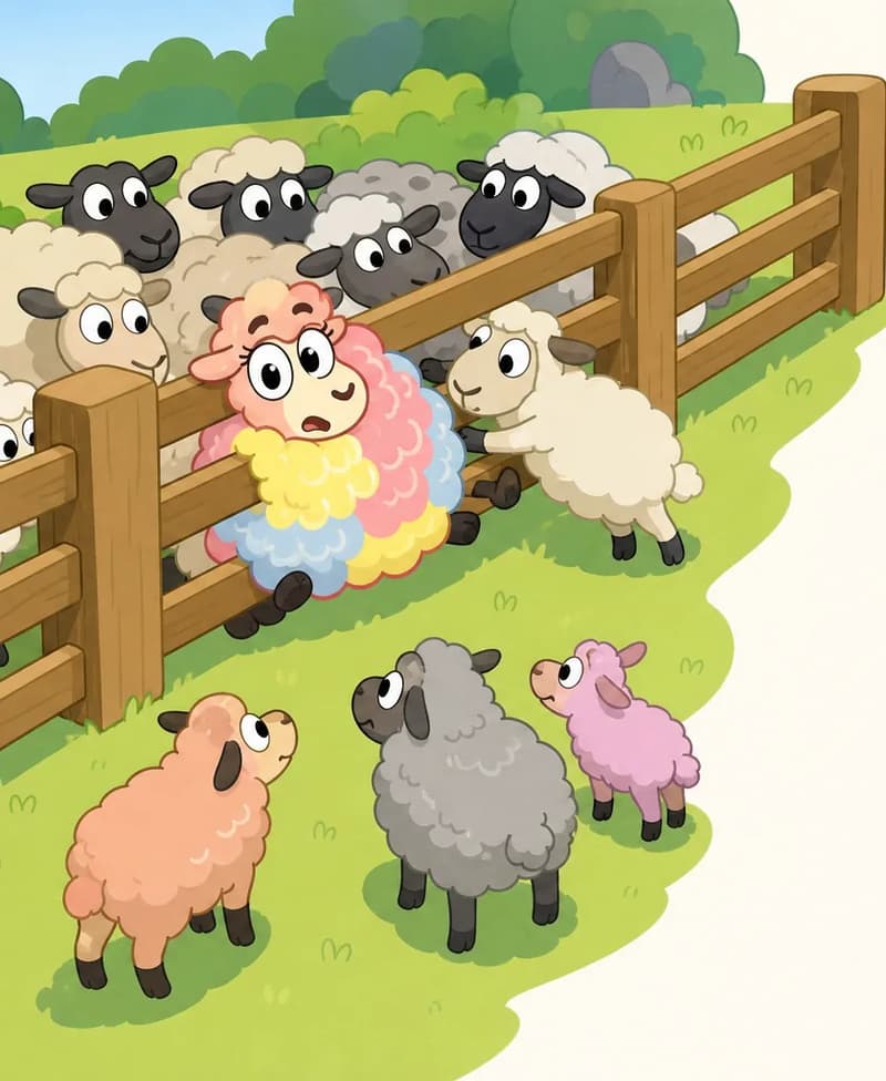 On the left side of the image, Rose is wedged in a wooden farm gate, stuck partway through with a strained expression as several other sheep push and shove from behind, trying to force her through the narrow opening. Rose is clearly too large to fit, her body filling the gate completely. Below and slightly to the left, three more sheep stand watching the commotion, looking up toward the gate with concerned expressions. The scene is set outdoors on a sunny day in a grassy farm paddock, with more sheep visible behind the fence in the green field beyond. The right ~40% of the image is plain white/light background.